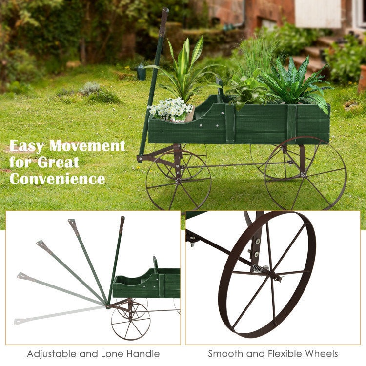 Wooden Wagon Plant Bed with Metal Wheels for Garden Yard Patio