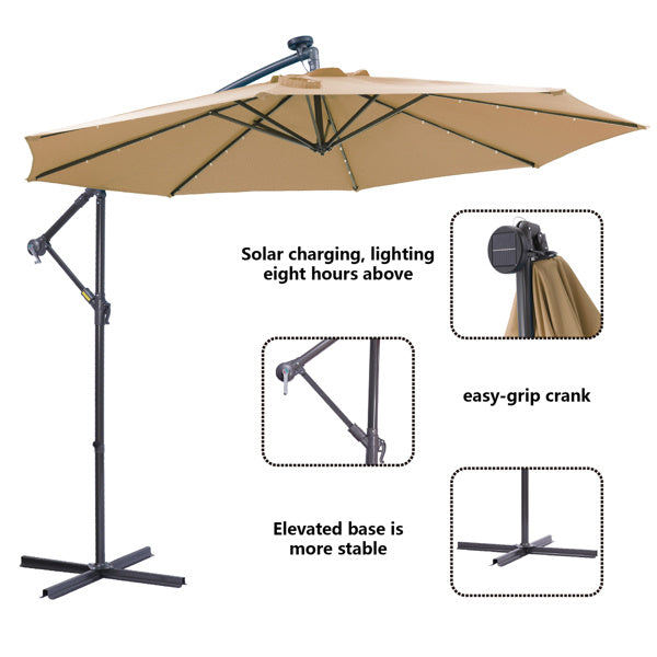 10 FT Solar LED Patio Outdoor Umbrella Hanging Cantilever Umbrella Offset Umbrella Easy Open Adustment with 32 LED Lights