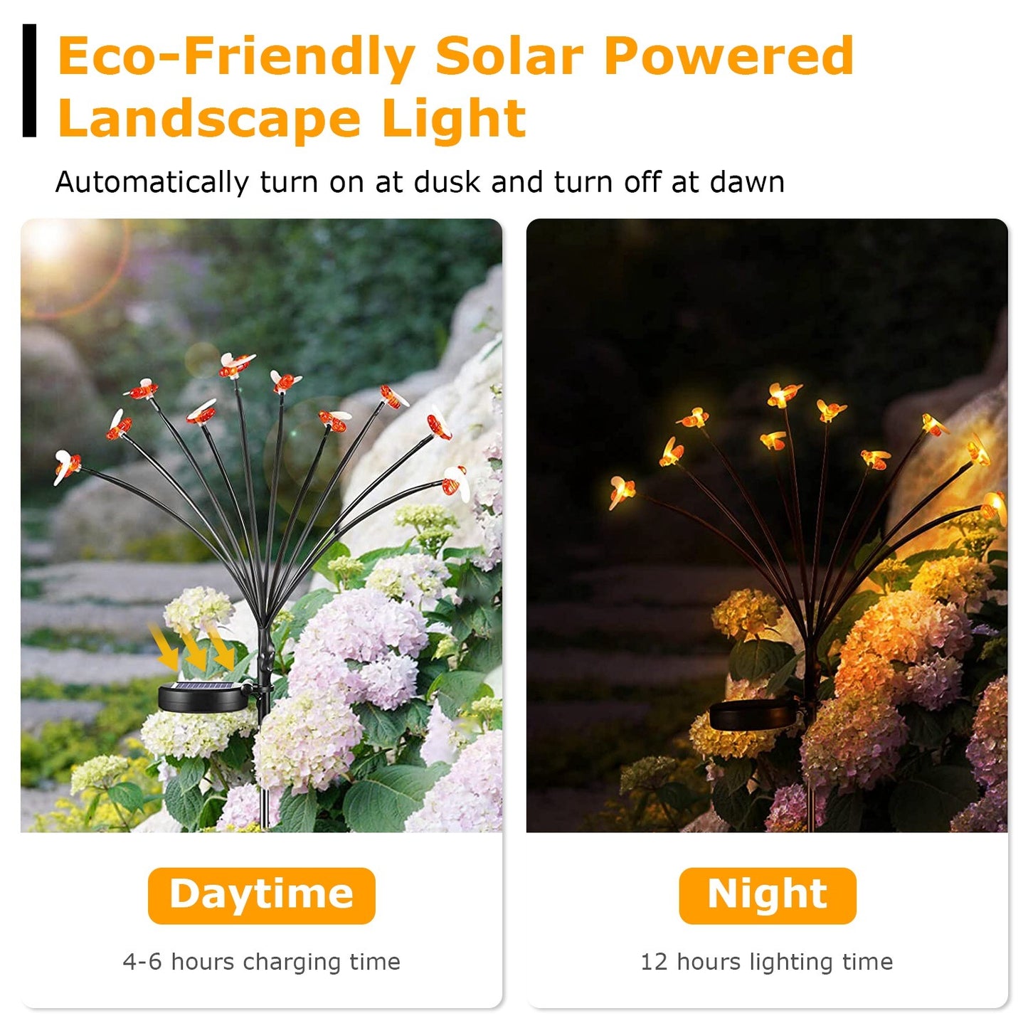 4Pack Solar Powered Stake Bee Light 2 Lighting Mode Lifelike Firefly Decorative Stake Lamp IP65 Waterproof Outdoor Landscape Garden Light Warm Yellow