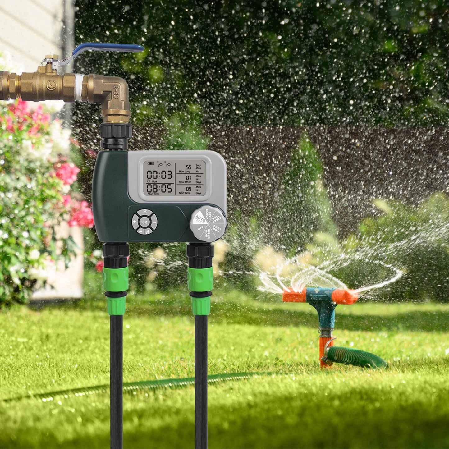 Sprinkler Timer with 2 Outlet Zones Digital Programmable Hose Faucet Timer Manual Automatic Watering Intelligent Drip Irrigation System for Garden Yard Lawn