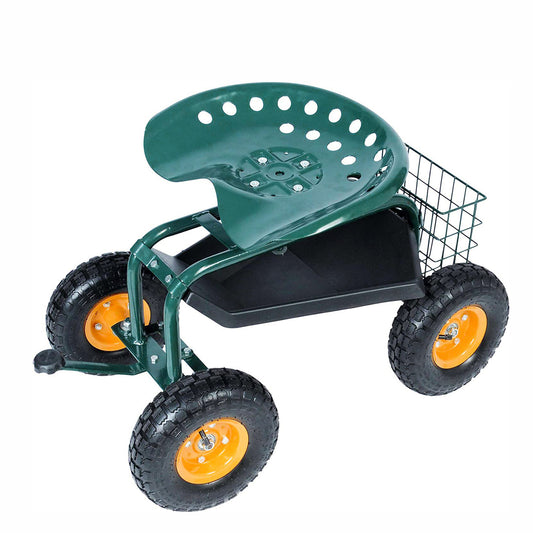 Garden Cart Rolling Work Seat with Tool Tray and 360 Swivel Seat