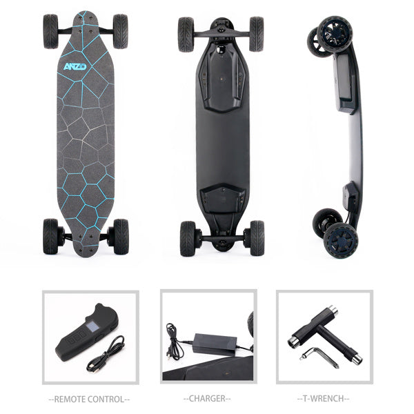 All terrain dual 1000*2 hub motor electric skateboard with 32mph max speed; 25miles range; 9600mah battery.