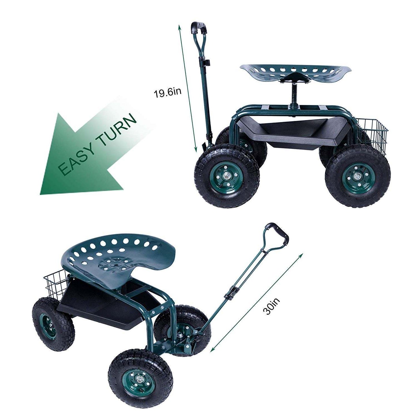 Rolling Garden Cart with Tool Tray & 360 Swivel Work Seat