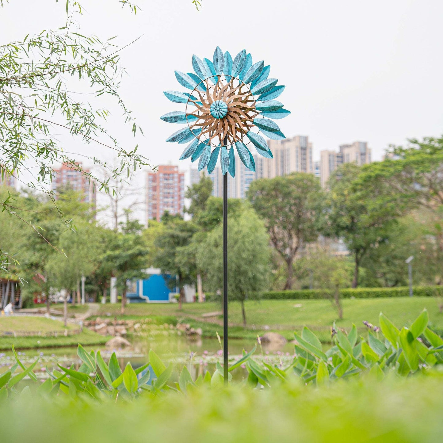 Solar Blue Leaf Stake Wind Spinner