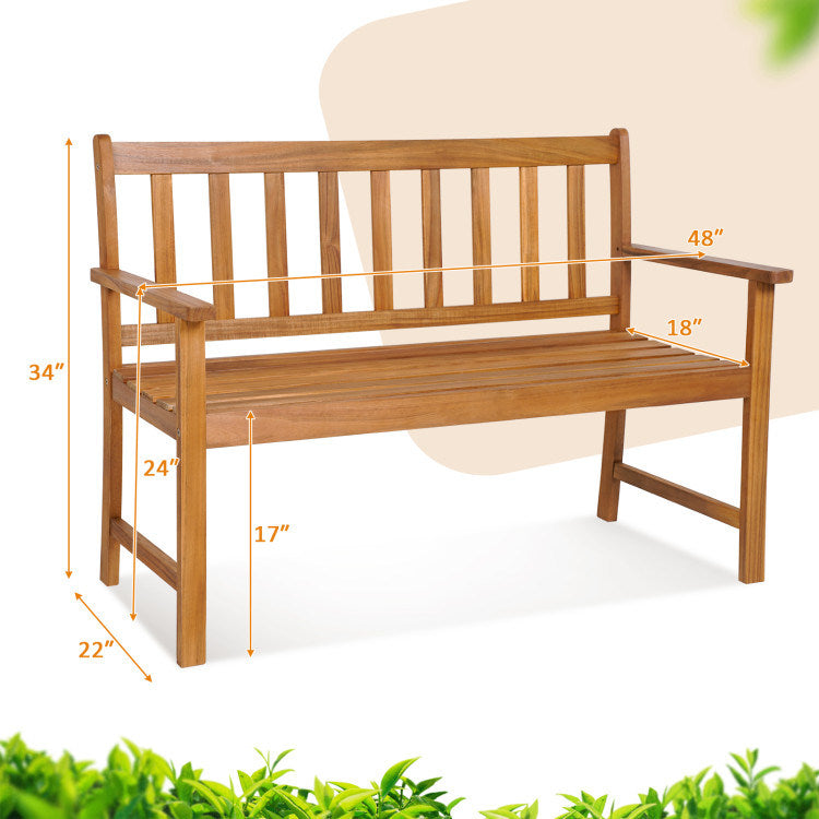 2-Person Patio Acacia Wood Bench with Backrest and Armrests