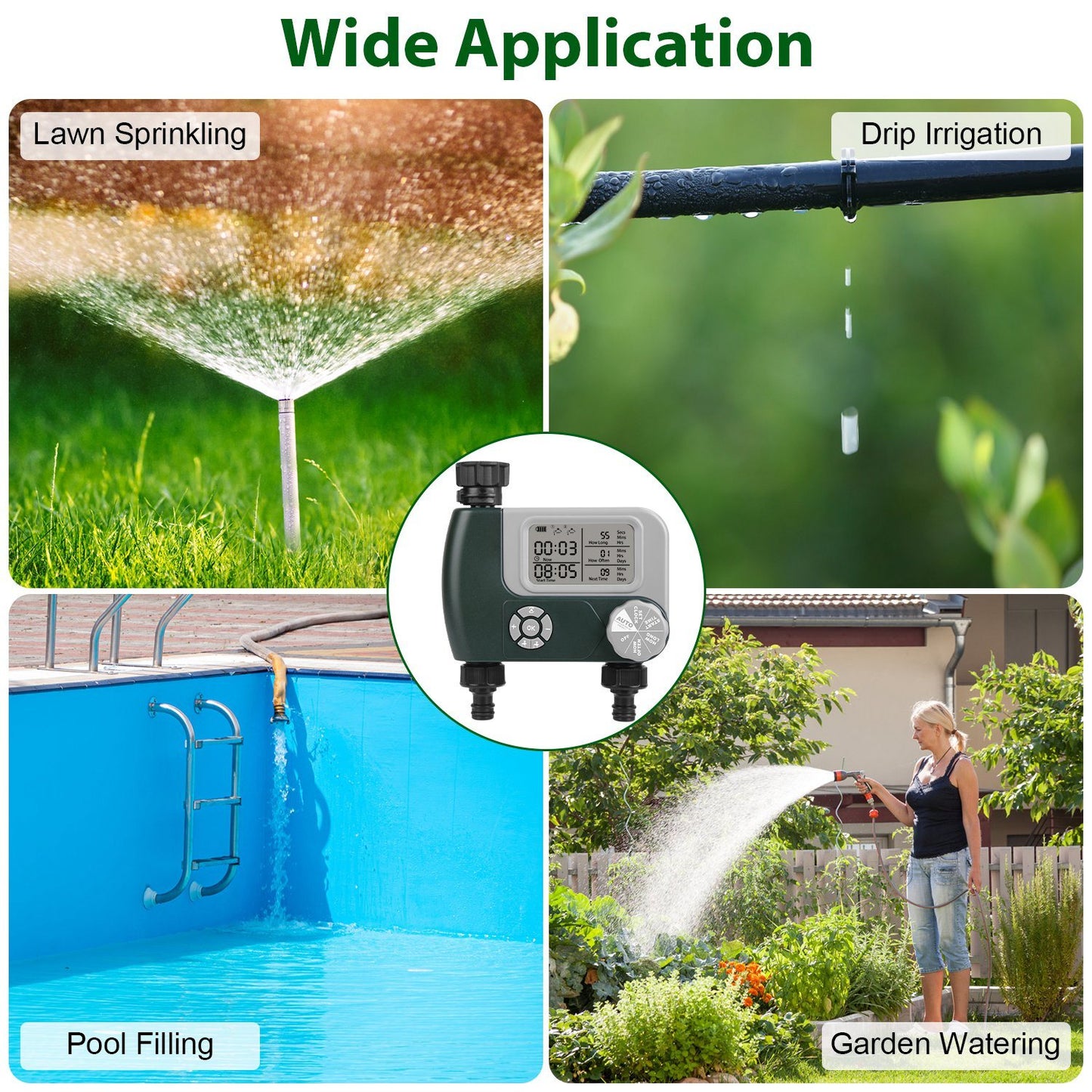 Sprinkler Timer with 2 Outlet Zones Digital Programmable Hose Faucet Timer Manual Automatic Watering Intelligent Drip Irrigation System for Garden Yard Lawn