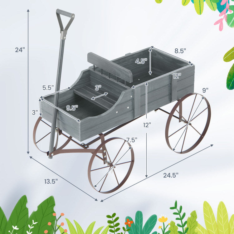 Wooden Wagon Plant Bed with Metal Wheels for Garden Yard Patio