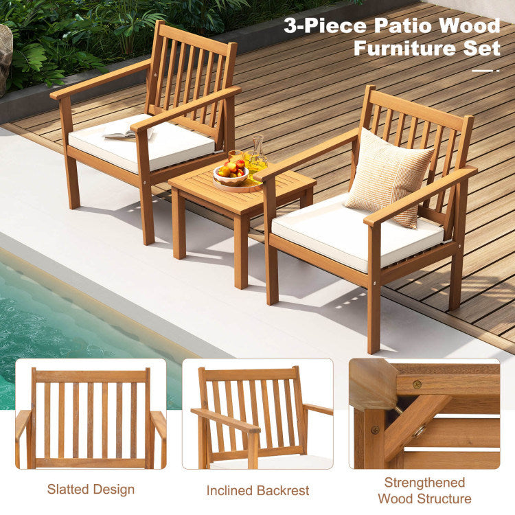 3 Pieces Patio Wood Furniture Set with soft Cushions for Porch