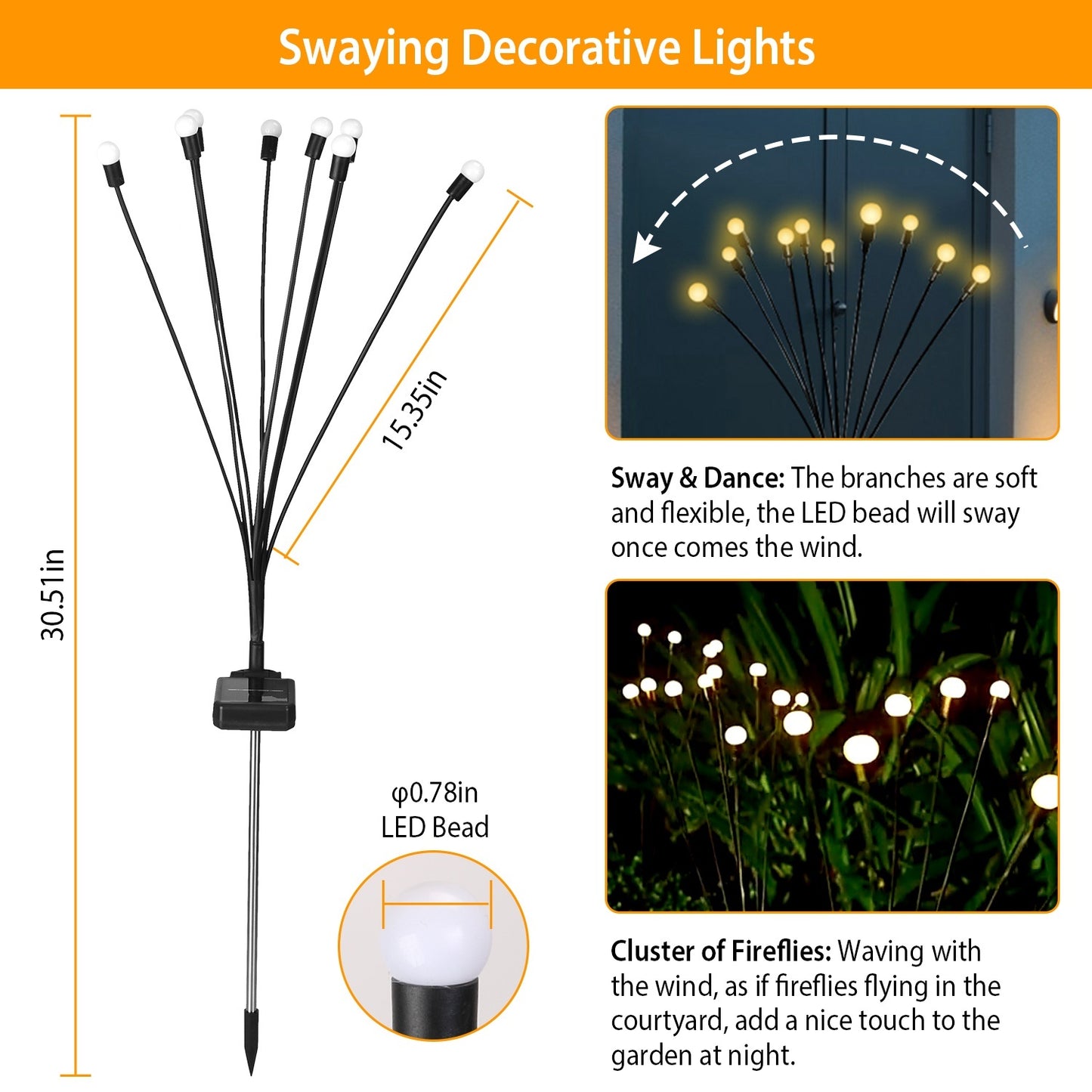 2Pcs Solar Firefly Lights Swaying Decorative Pathway Lamp IP65 Waterproof Landscape Patio Yard Night Light