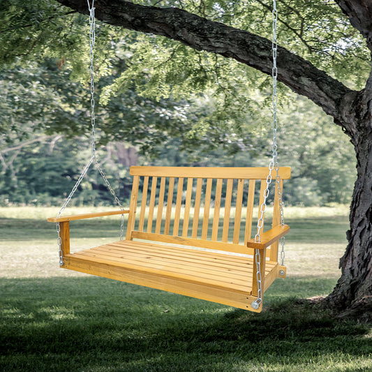 Front Porch Swing with Armrests, Wood Bench Swing with Hanging Chains,for Outdoor Patio ,Garden Yard, porch, backyard, or sunroom,Easy to Assemble,teak