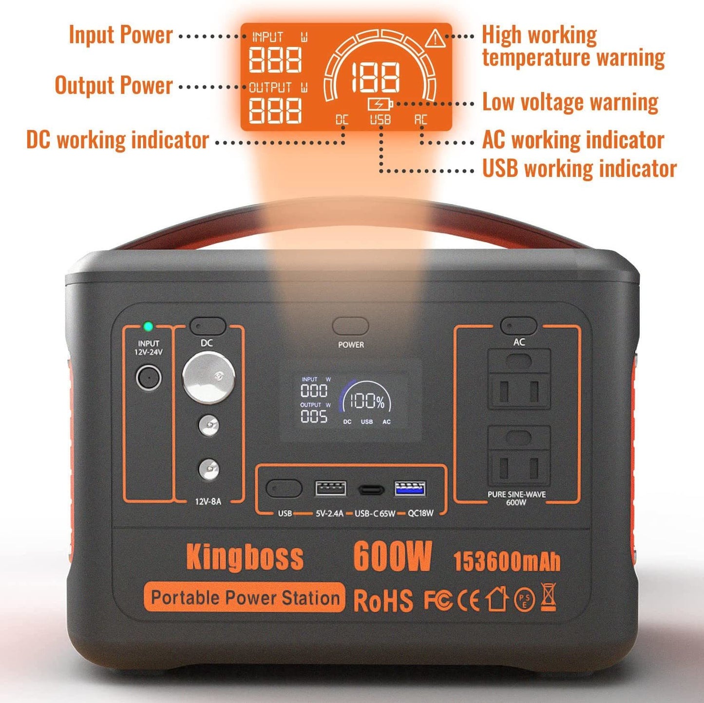 600W Portable Power Station Solar Generator (Peak 1200W) Kingboss;  153600mAh 568WH;  Lithium Battery 110V/600W;  AC Outlet;  2*DC Carport;  2*USB-C;  QC USB 3.0;  Camping Power bank;  Outdoor Indoor