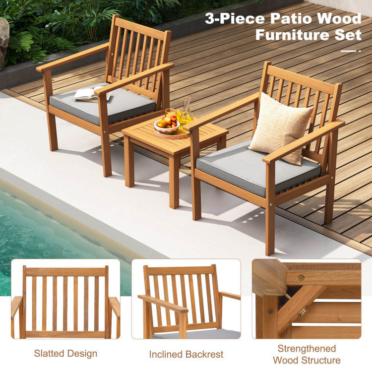 3 Pieces Patio Wood Furniture Set with soft Cushions for Porch