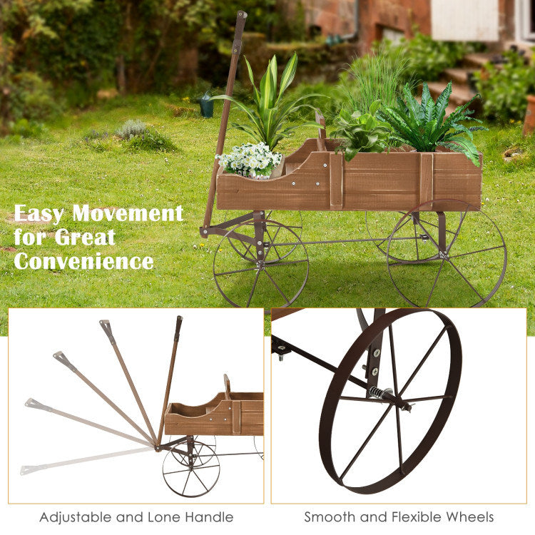 Wooden Wagon Plant Bed with Metal Wheels for Garden Yard Patio