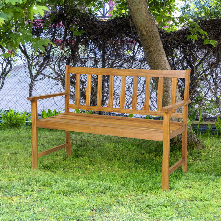 2-Person Patio Acacia Wood Bench with Backrest and Armrests