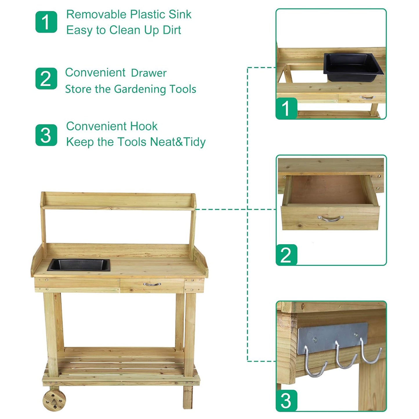 Bosonshop Wood Potting Bench Work Station Table with Tabletop Removable Sink Drawer Shelves Hooks on Wheels