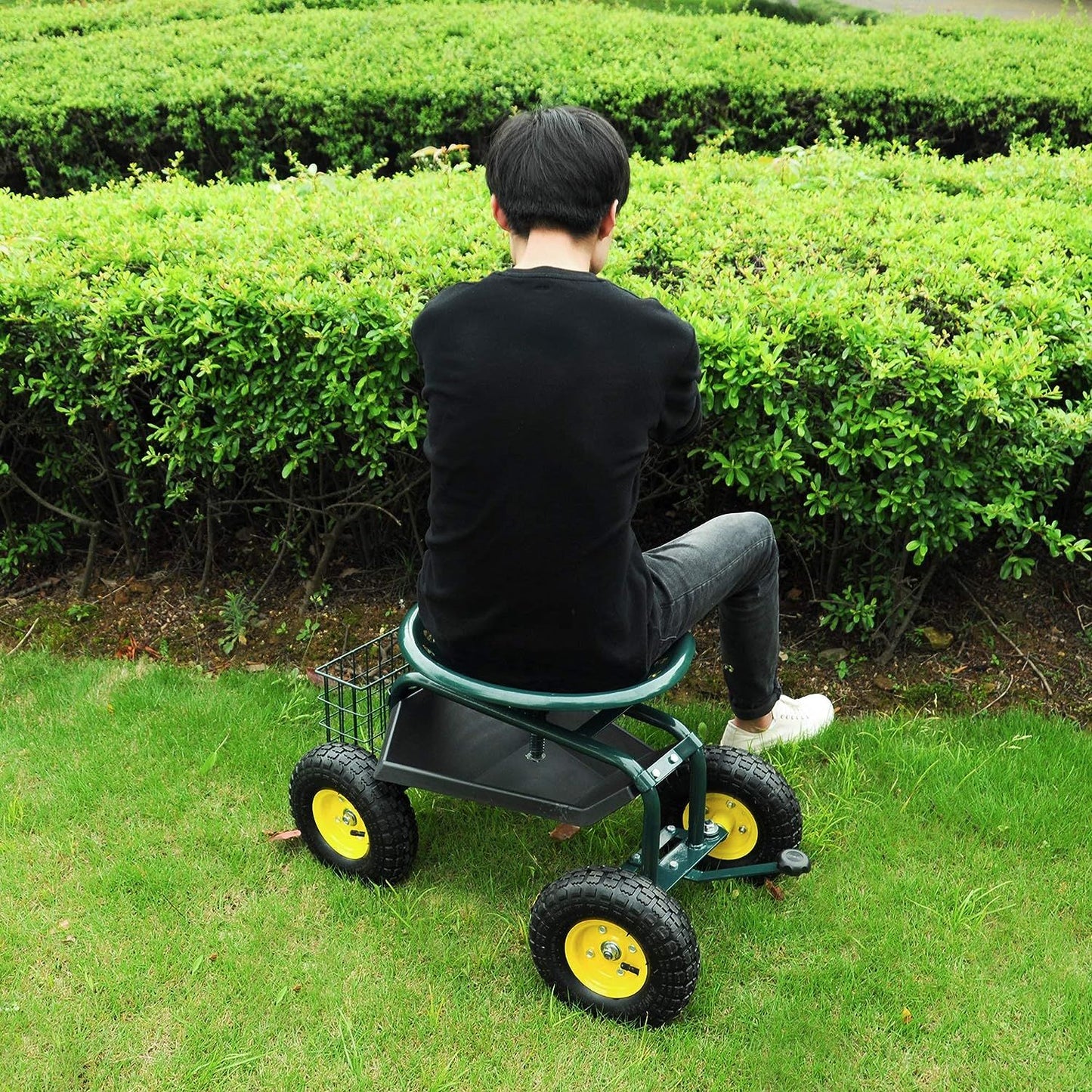 Garden Cart Rolling Work Seat with Tool Tray and 360 Swivel Seat