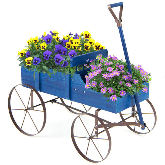 Wooden Wagon Plant Bed with Metal Wheels for Garden Yard Patio