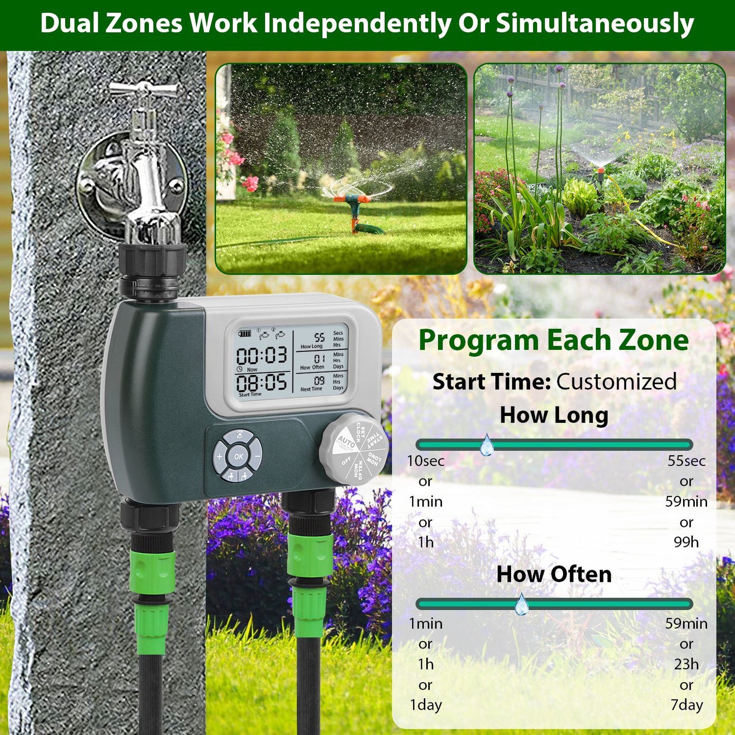 Sprinkler Timer with 2 Outlet Zones Digital Programmable Hose Faucet Timer Manual Automatic Watering Intelligent Drip Irrigation System for Garden Yard Lawn