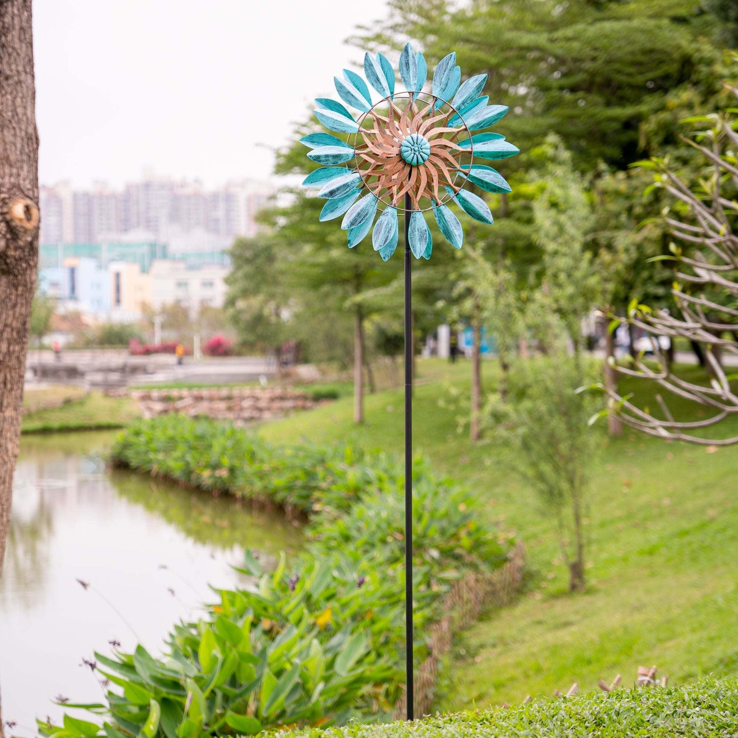 Solar Blue Leaf Stake Wind Spinner