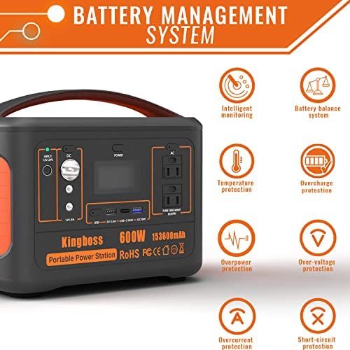 Solar Generator Portable Power Station 600W (Peak 1200W) Kingboss;  153600mAh 568WH;  Lithium Battery 110V/600W;  AC Outlet;  2*DC Carport;  2*USB-C;  QC USB 3.0;  Camping Power bank;  Outdoor Indoor